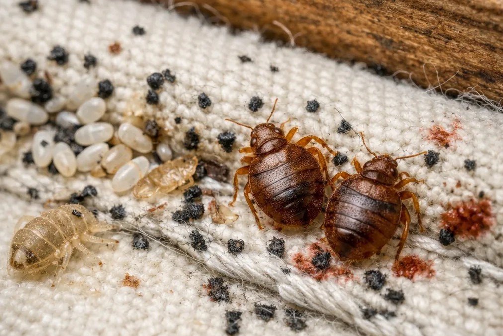 Punaises de lit adultes (Cimex lectularius) sur une couture de matelas, avec œufs, mues translucides et taches noires
