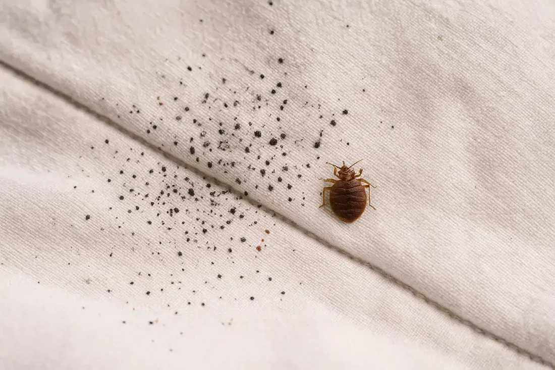 Traces de punaises de lit sur un tissu : nombreuses taches noires (déjections) et une punaise adulte